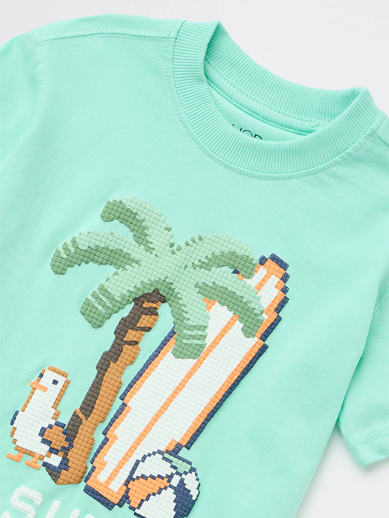 HOP Kids Boys Sea Green Printed Cotton T-Shirt - Image 6