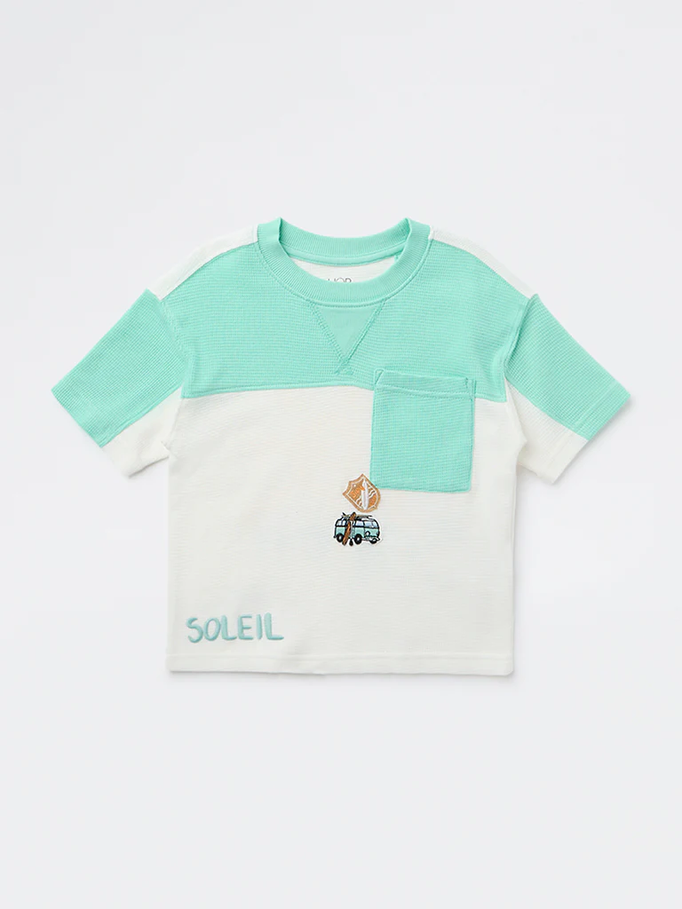 HOP Kids Boys Sea Green Printed Cotton T-Shirt - Image 3