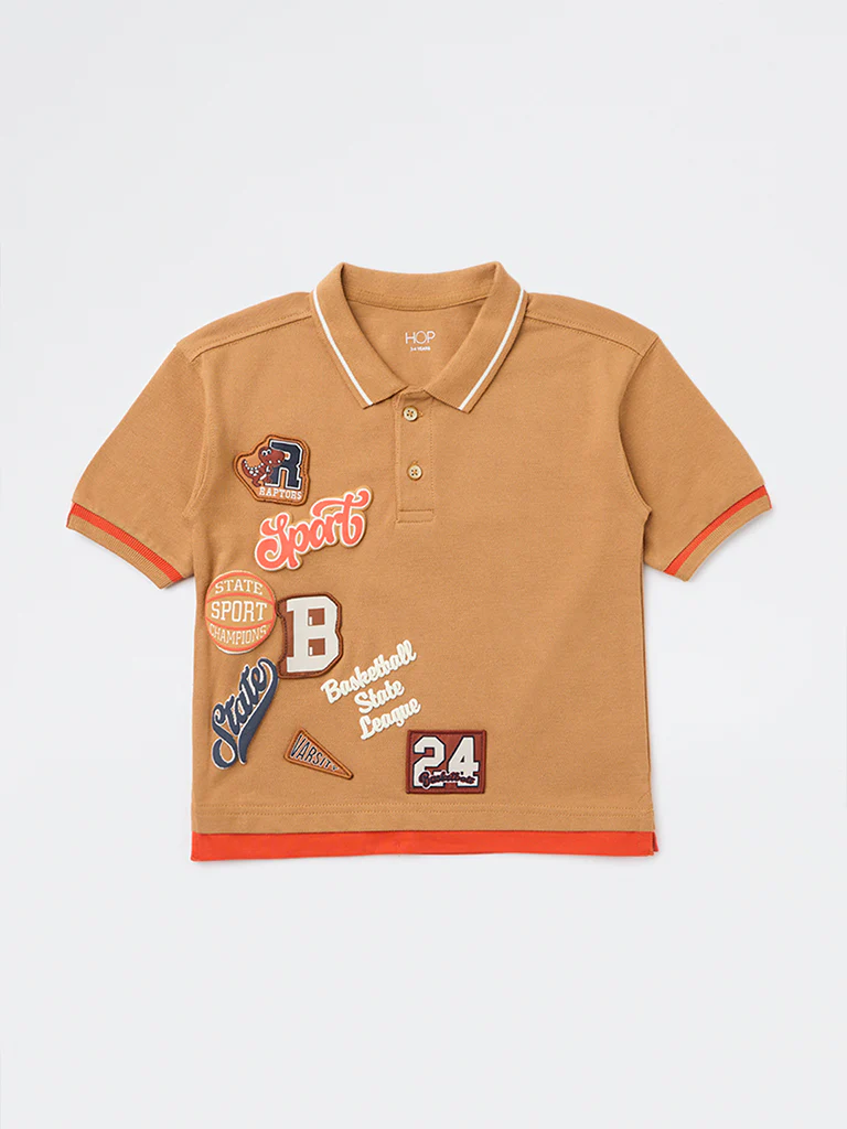 HOP Kids Boys Tan Basketball-Themed Cotton Polo T-Shirt - Image 3