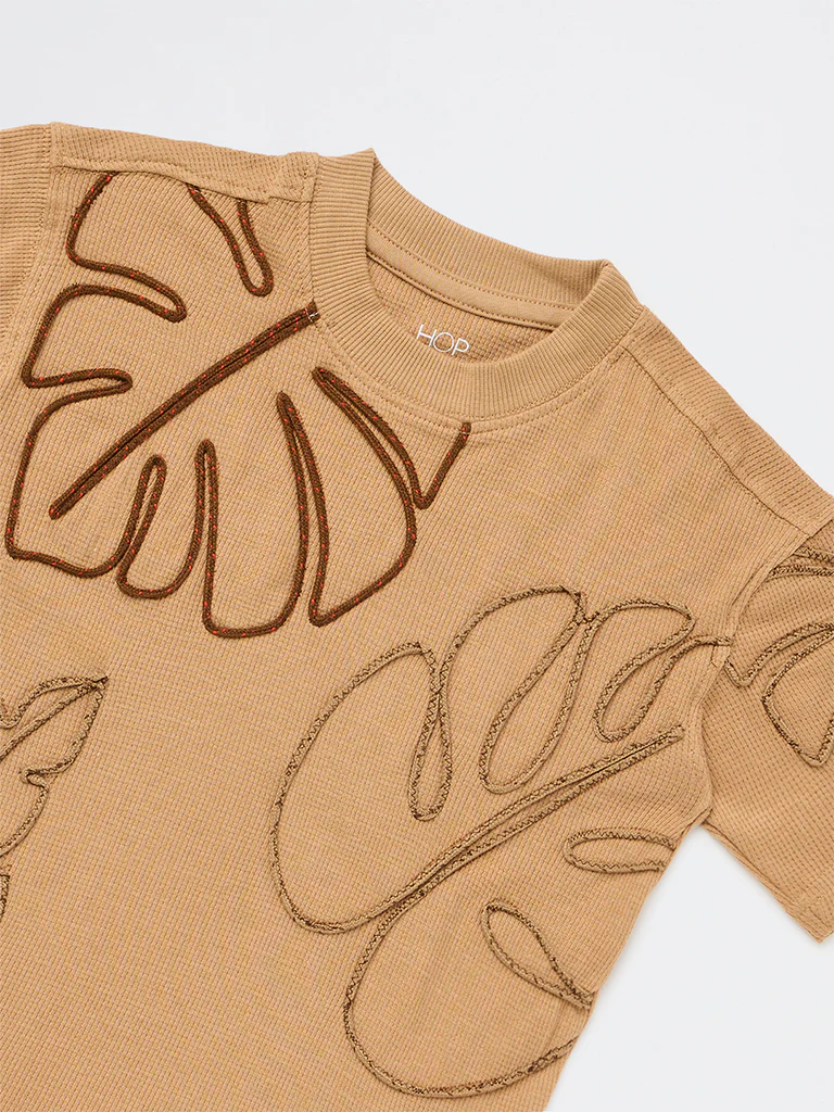 HOP Kids Boys Tan Embroidered Cotton-Blend T-Shirt - Image 6