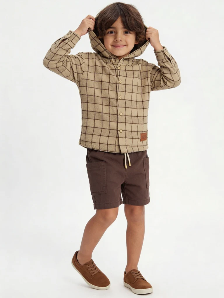 HOP Kids Boys Taupe Checkered Hooded Cotton Shirt