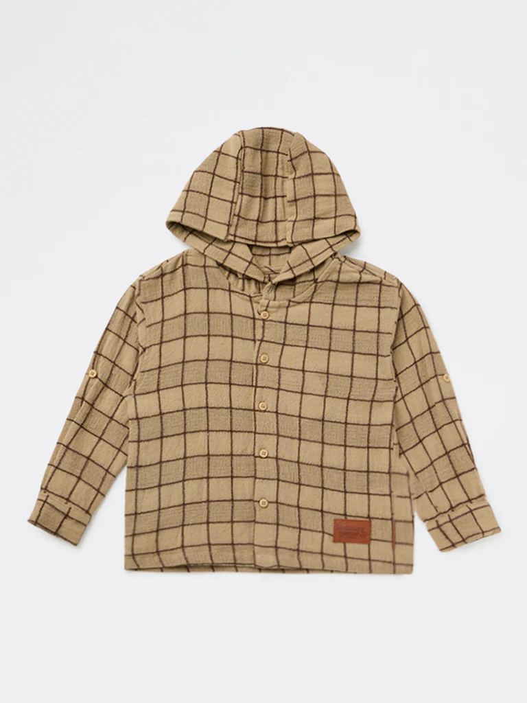 HOP Kids Boys Taupe Checkered Hooded Cotton Shirt - Image 3