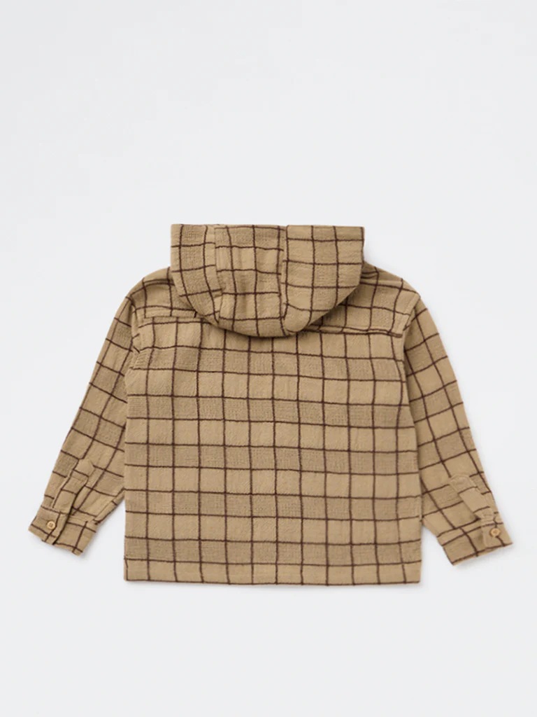 HOP Kids Boys Taupe Checkered Hooded Cotton Shirt - Image 4