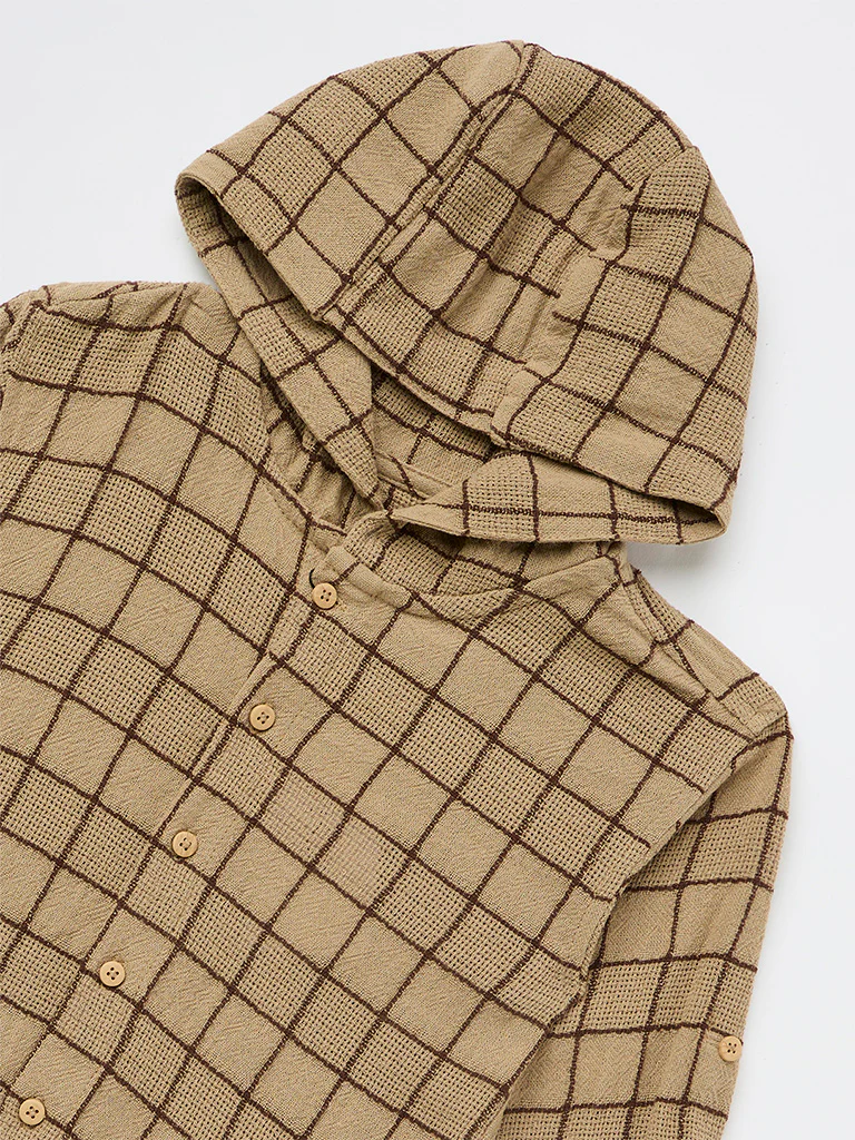 HOP Kids Boys Taupe Checkered Hooded Cotton Shirt - Image 5