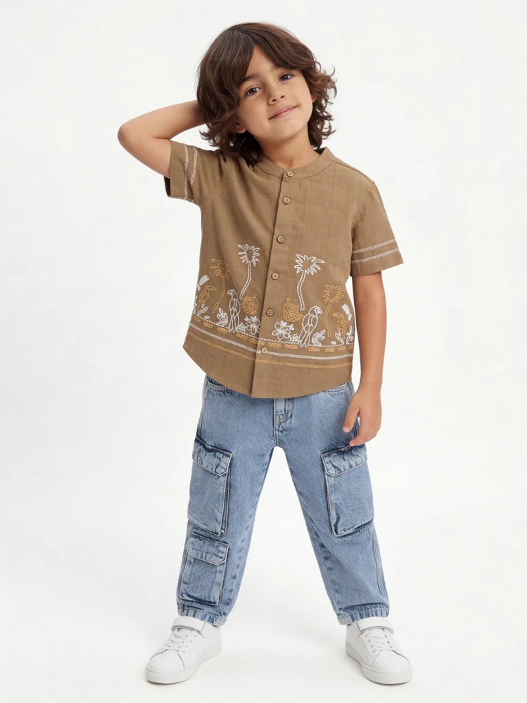 HOP Kids Boys Taupe Floral Embroidered Cotton Shirt