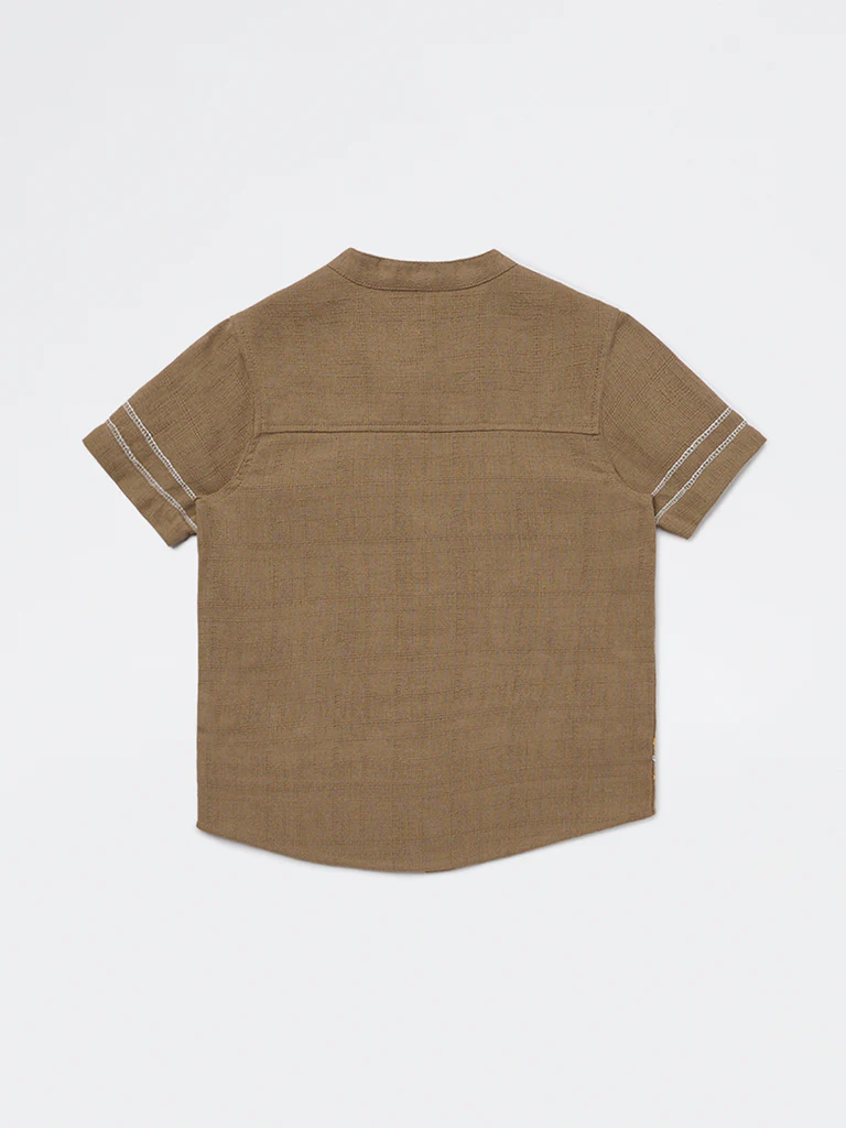 HOP Kids Boys Taupe Floral Embroidered Cotton Shirt - Image 4