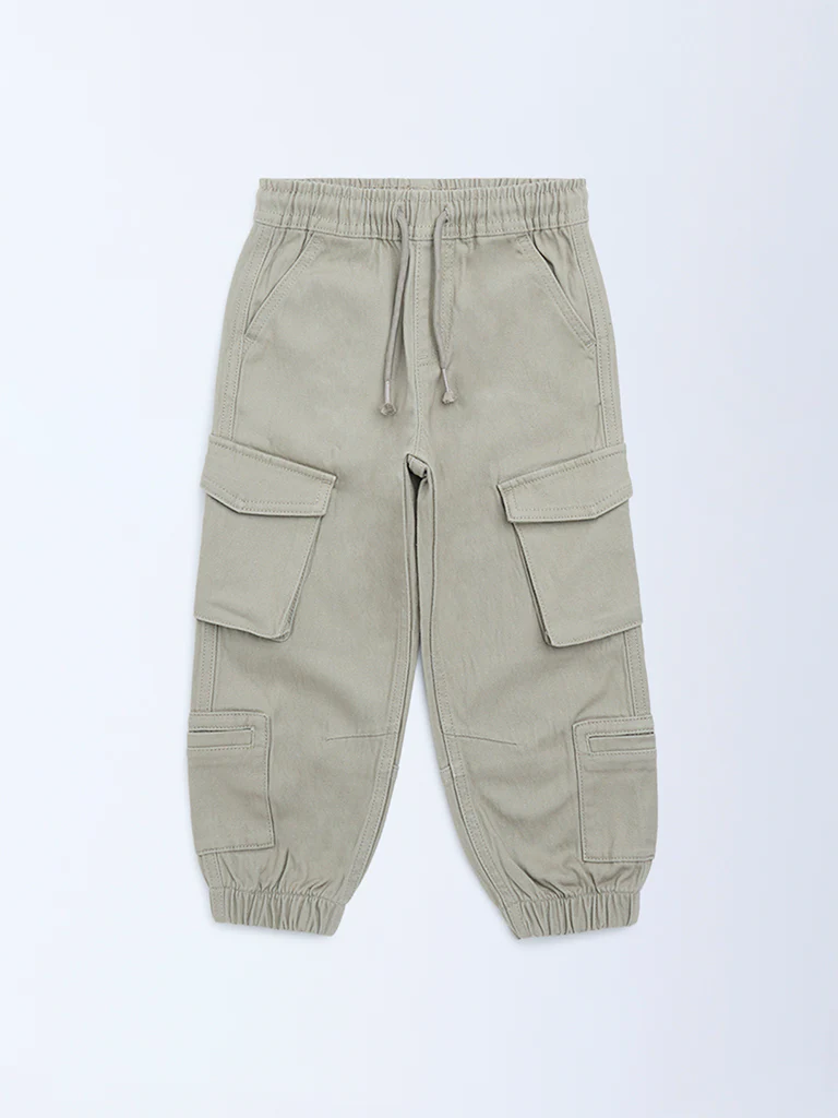HOP Kids Boys Taupe Mid-Rise Cotton-Blend Cargo Joggers - Image 4