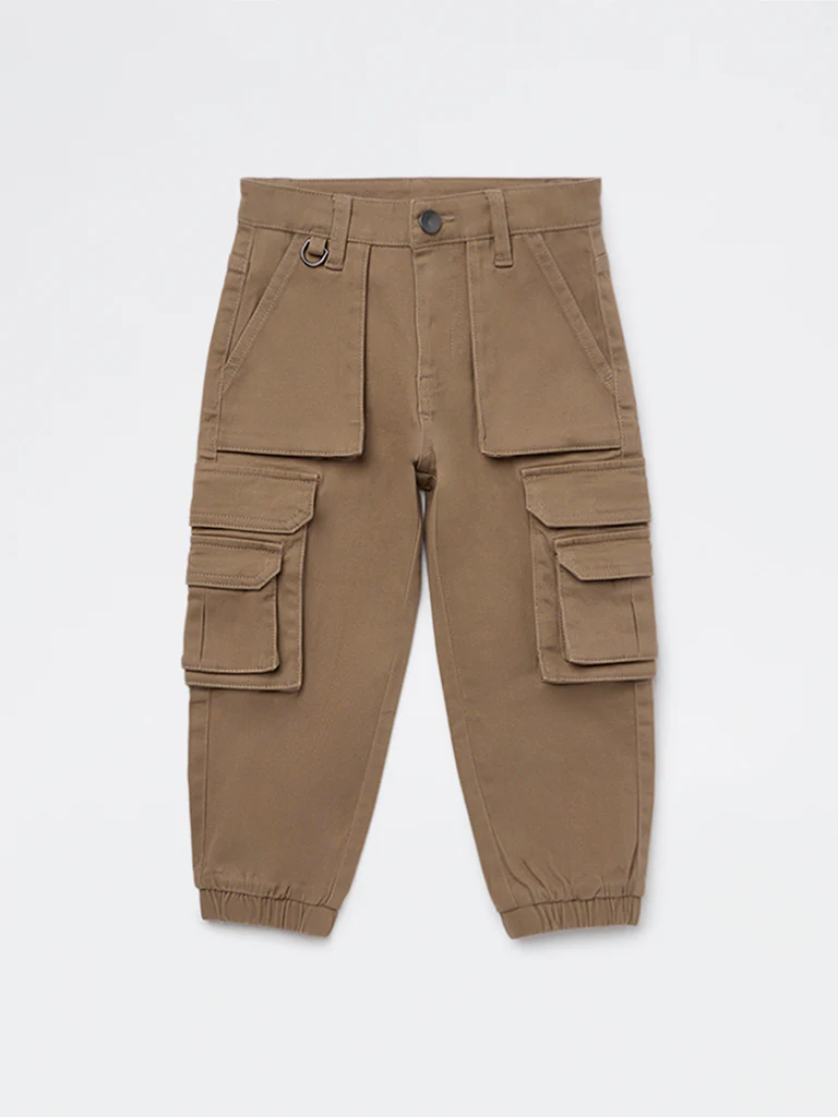 HOP Kids Boys Taupe Mid-Rise Cotton-Blend Cargo Pants - Image 4