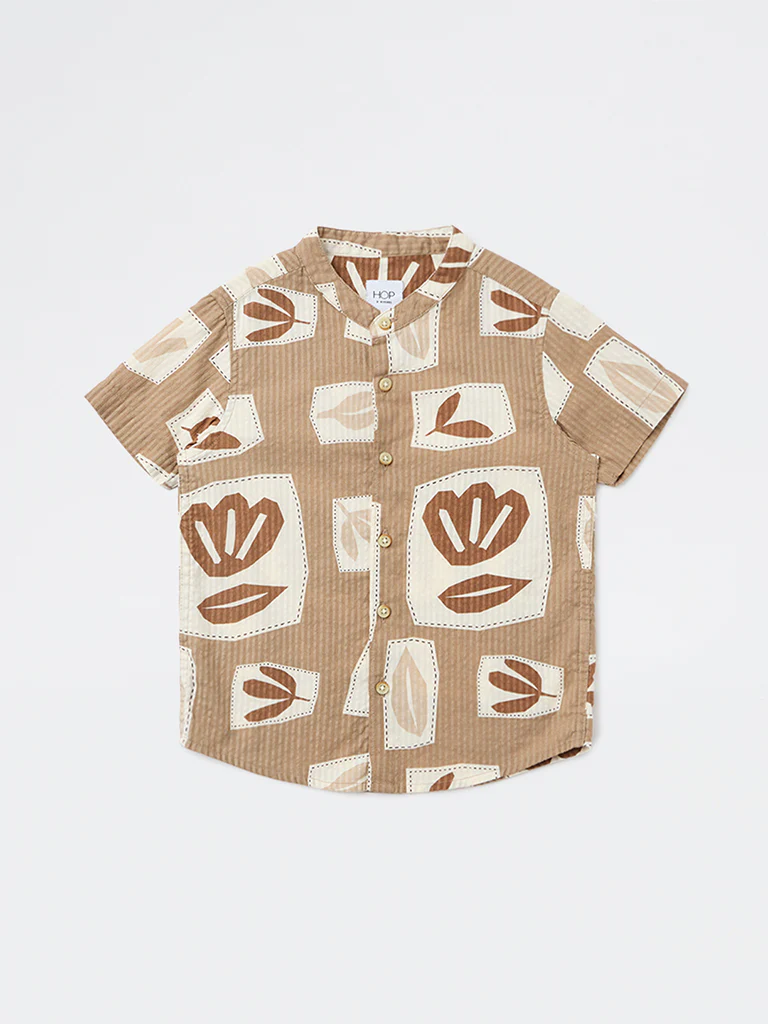 HOP Kids Boys Taupe Printed Cotton Shirt - Image 4