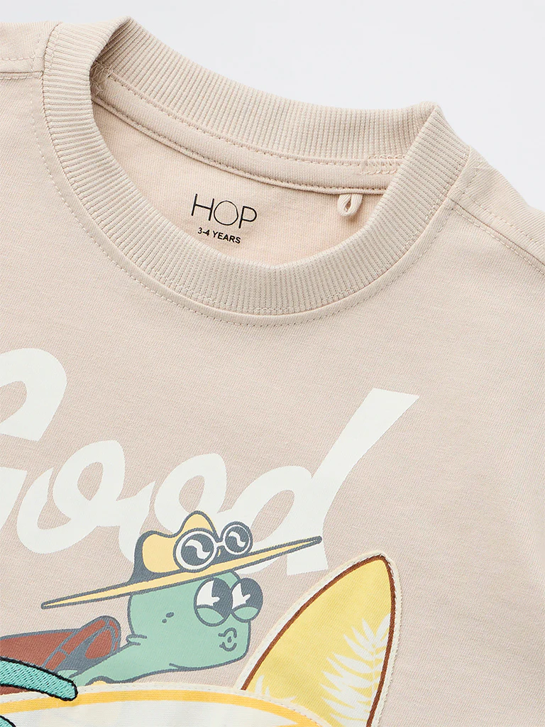 HOP Kids Boys Taupe Printed Cotton T-Shirt - Image 6