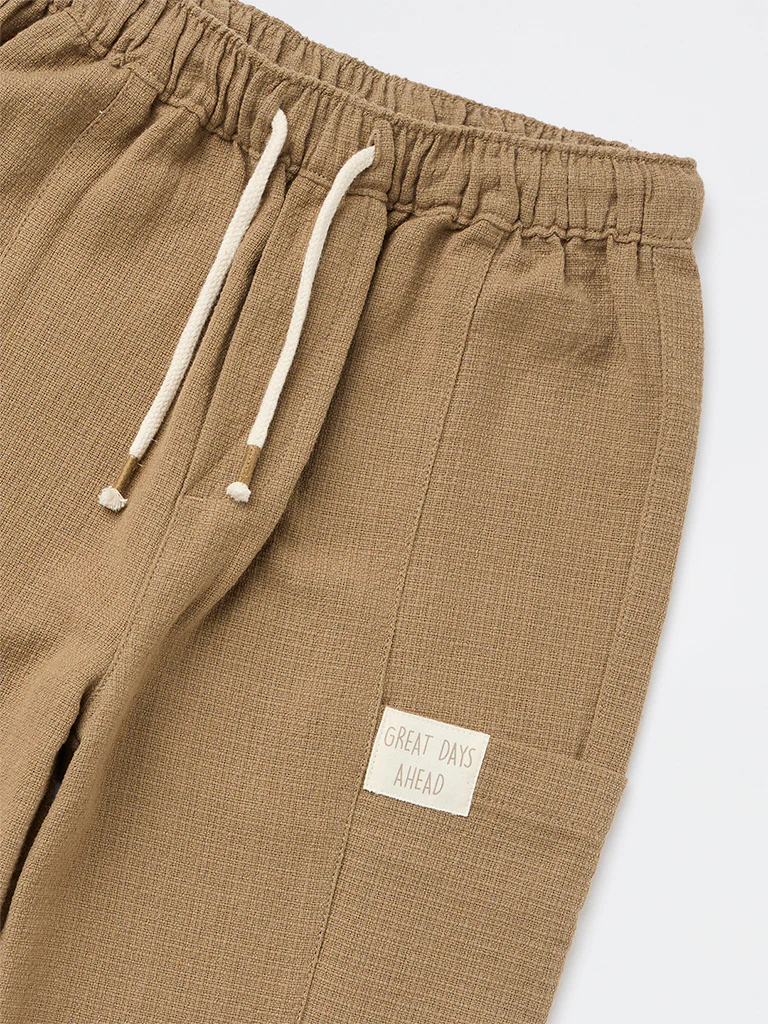 HOP Kids Boys Taupe Textured Mid-Rise Cotton Trousers - Image 5
