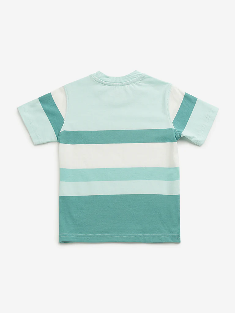 HOP Kids Boys Teal Colour-Blocked Cotton T-Shirt - Image 3