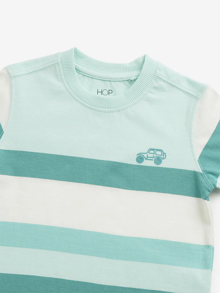 HOP Kids Boys Teal Colour-Blocked Cotton T-Shirt - Image 4