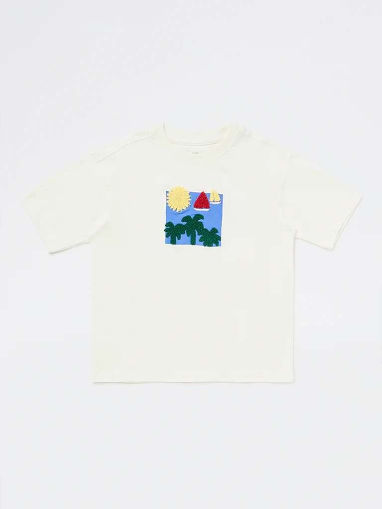 HOP Kids Boys White Embroidered Cotton T-Shirt - Image 3