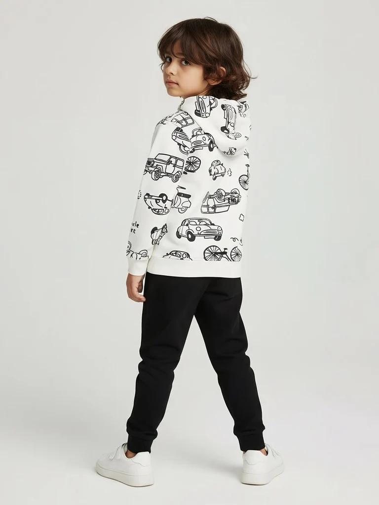 HOP Kids Boys White Printed Cotton-Blend Hooded Jacket - Image 3