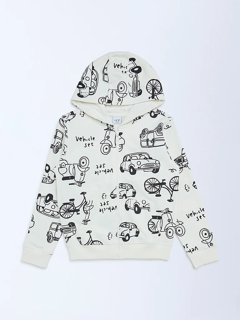 HOP Kids Boys White Printed Cotton-Blend Hooded Jacket - Image 6