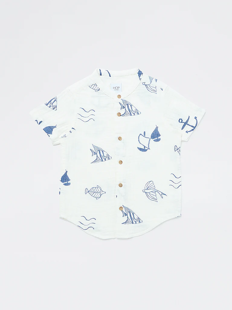 HOP Kids Boys White Sea-Inspired Cotton Shirt - Image 4