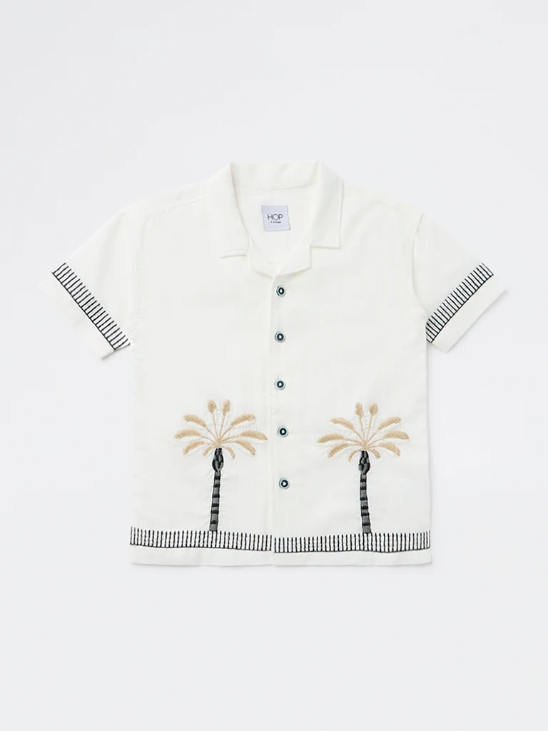 HOP Kids Boys White Tropical Embroidered Cotton Shirt - Image 3
