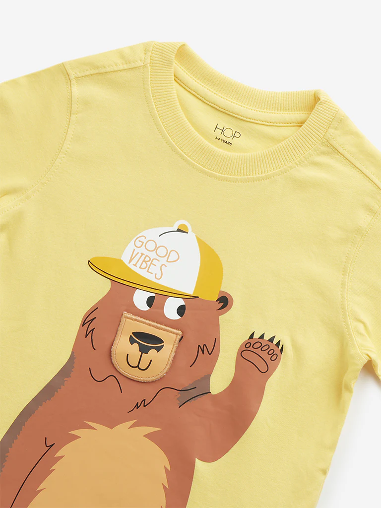 HOP Kids Boys Yellow Bear Printed Cotton T-Shirt - Image 3