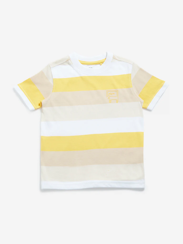 HOP Kids Boys Yellow Colour blocked Cotton T-Shirt