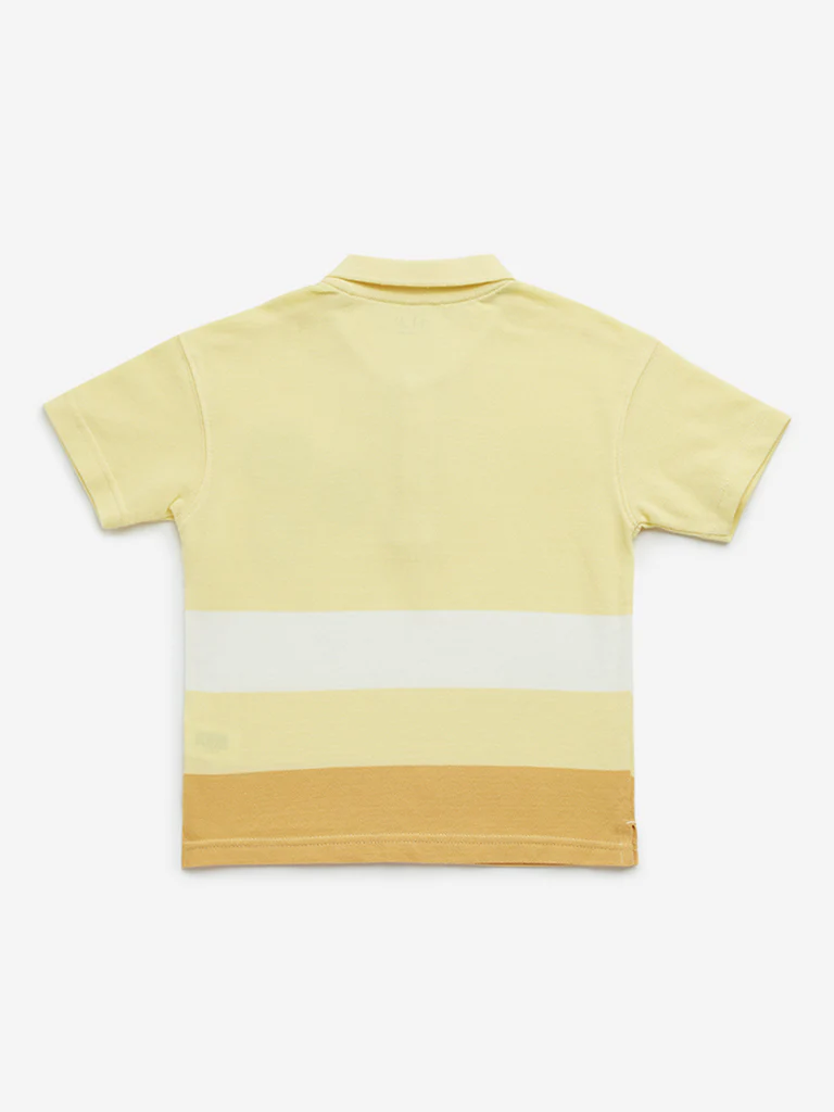 HOP Kids Boys Yellow Colour-Blocked Design Cotton Polo T-Shirt - Image 3