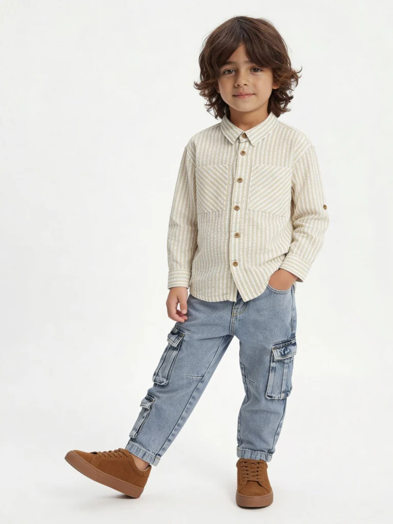 HOP Kids Boys Yellow Seerucker Striped Cotton Shirt