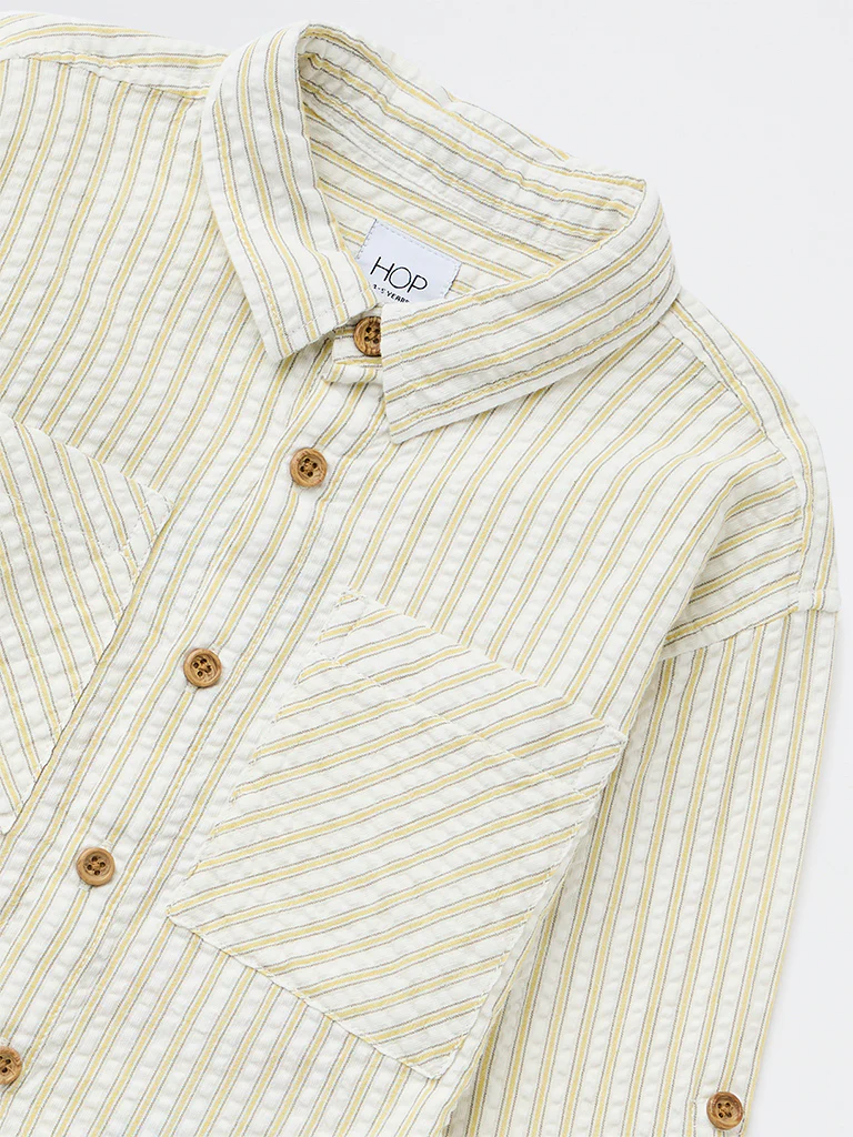 HOP Kids Boys Yellow Seerucker Striped Cotton Shirt - Image 5