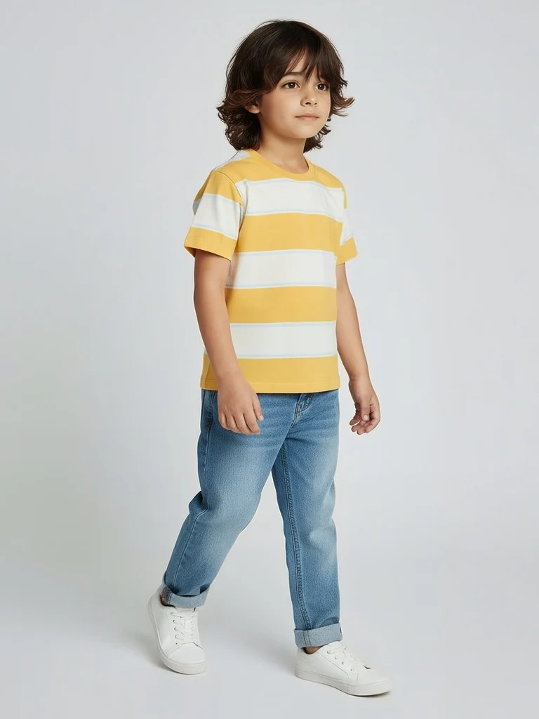 HOP Kids Boys Yellow Striped Cotton T-Shirt