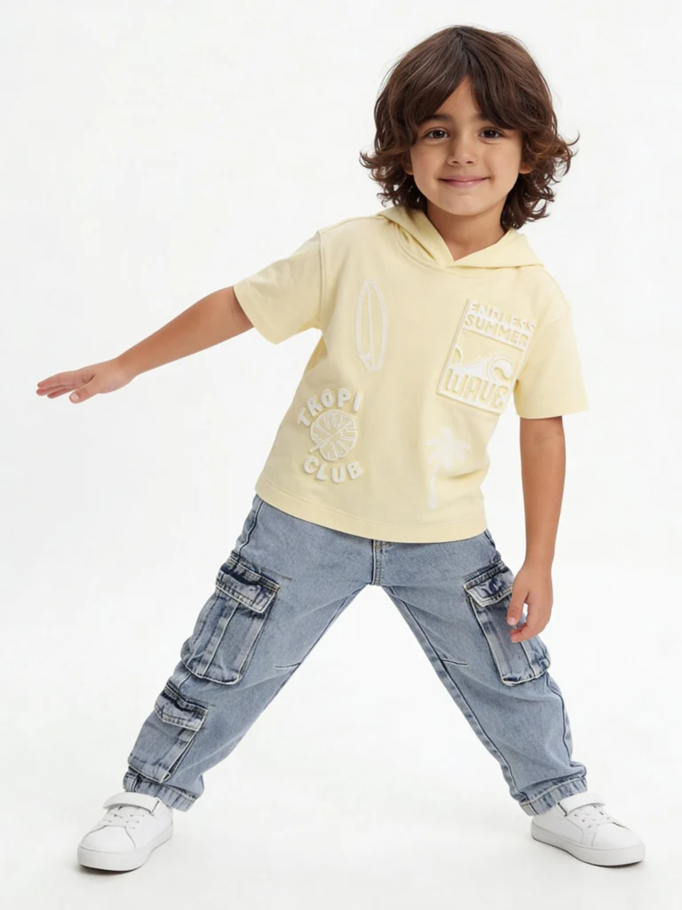 HOP Kids Boys Yellow Text Embossed Hooded Cotton T-Shirt