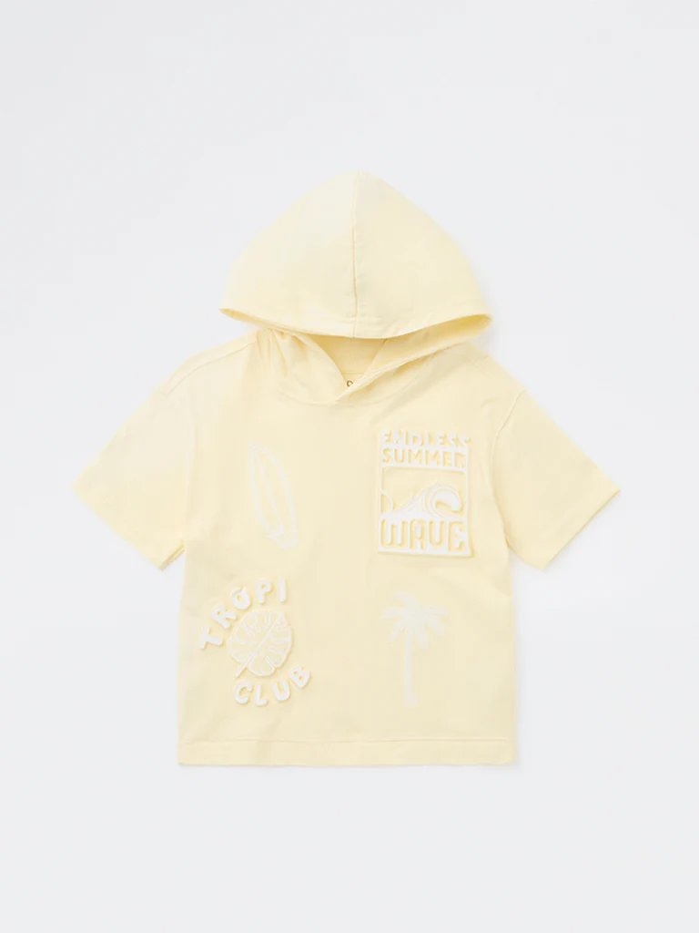 HOP Kids Boys Yellow Text Embossed Hooded Cotton T-Shirt - Image 3