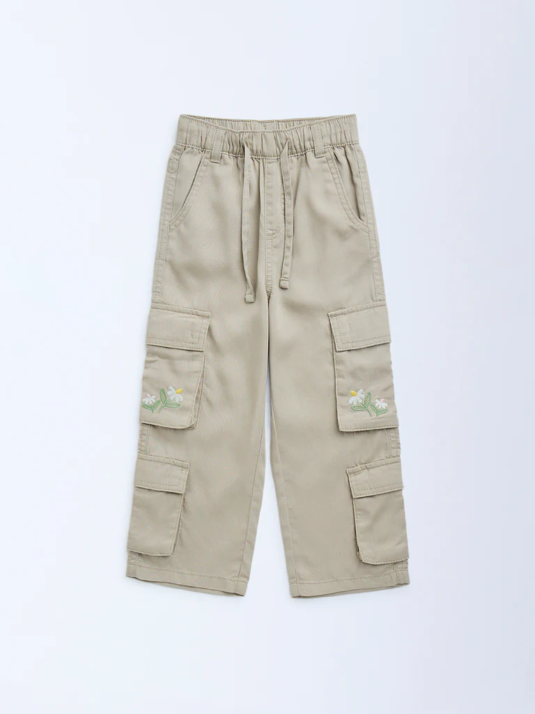 HOP Kids Girls Beige Cargo-Style High-Rise Trousers - Image 4