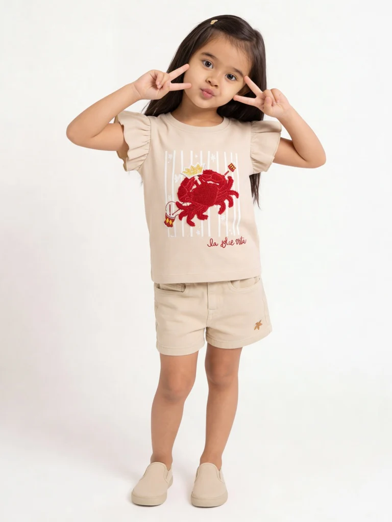 HOP Kids Girls Beige Crab Embroidered Cotton Top