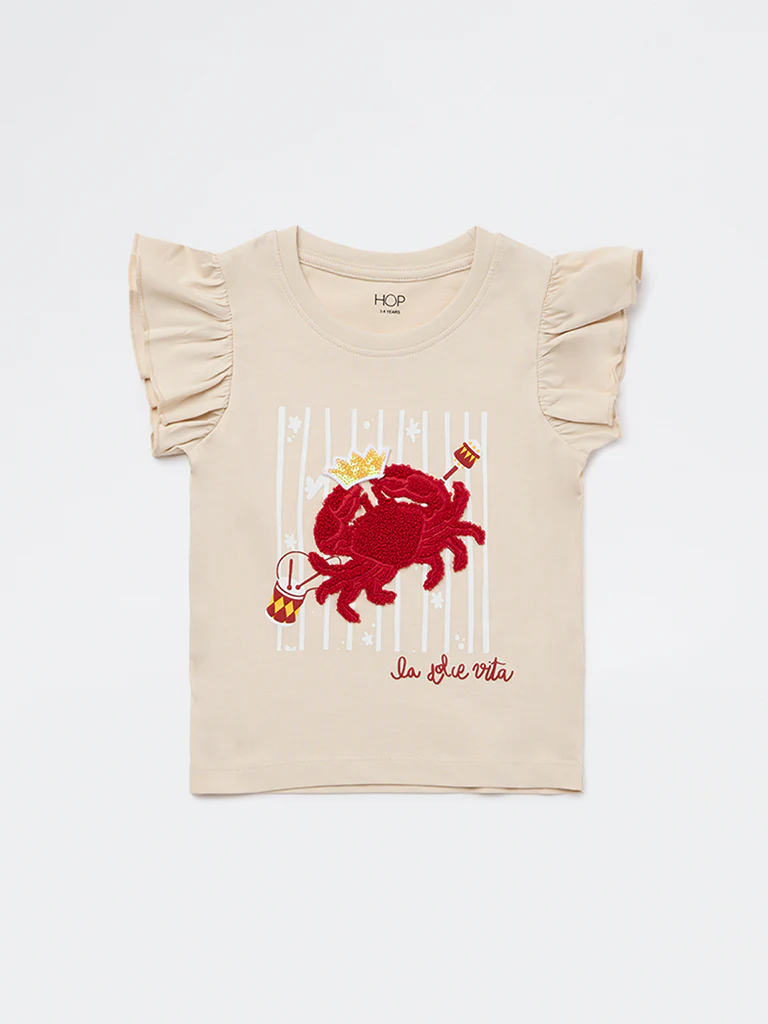 HOP Kids Girls Beige Crab Embroidered Cotton Top - Image 4
