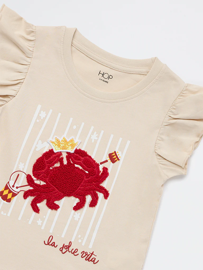 HOP Kids Girls Beige Crab Embroidered Cotton Top - Image 6