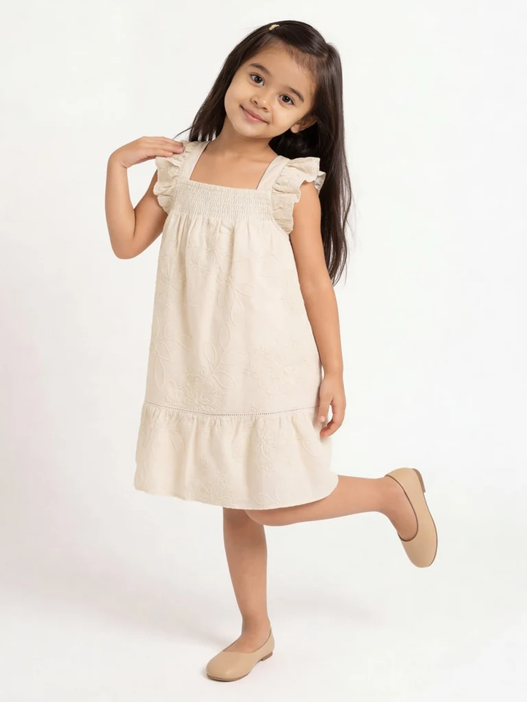 HOP Kids Girls Beige Embroidered A-Line Cotton Dress