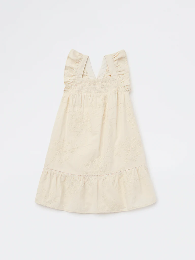 HOP Kids Girls Beige Embroidered A-Line Cotton Dress - Image 3