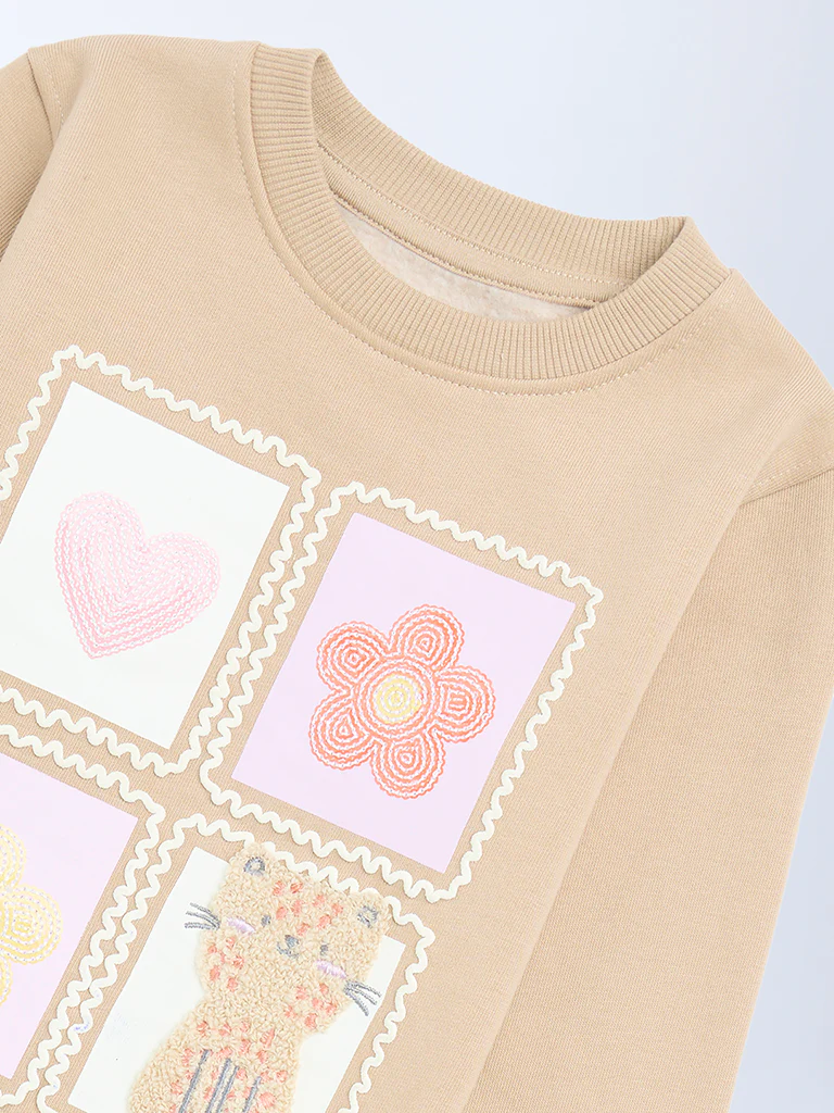 HOP Kids Girls Beige Embroidered Cotton-Blend Sweatshirt - Image 5