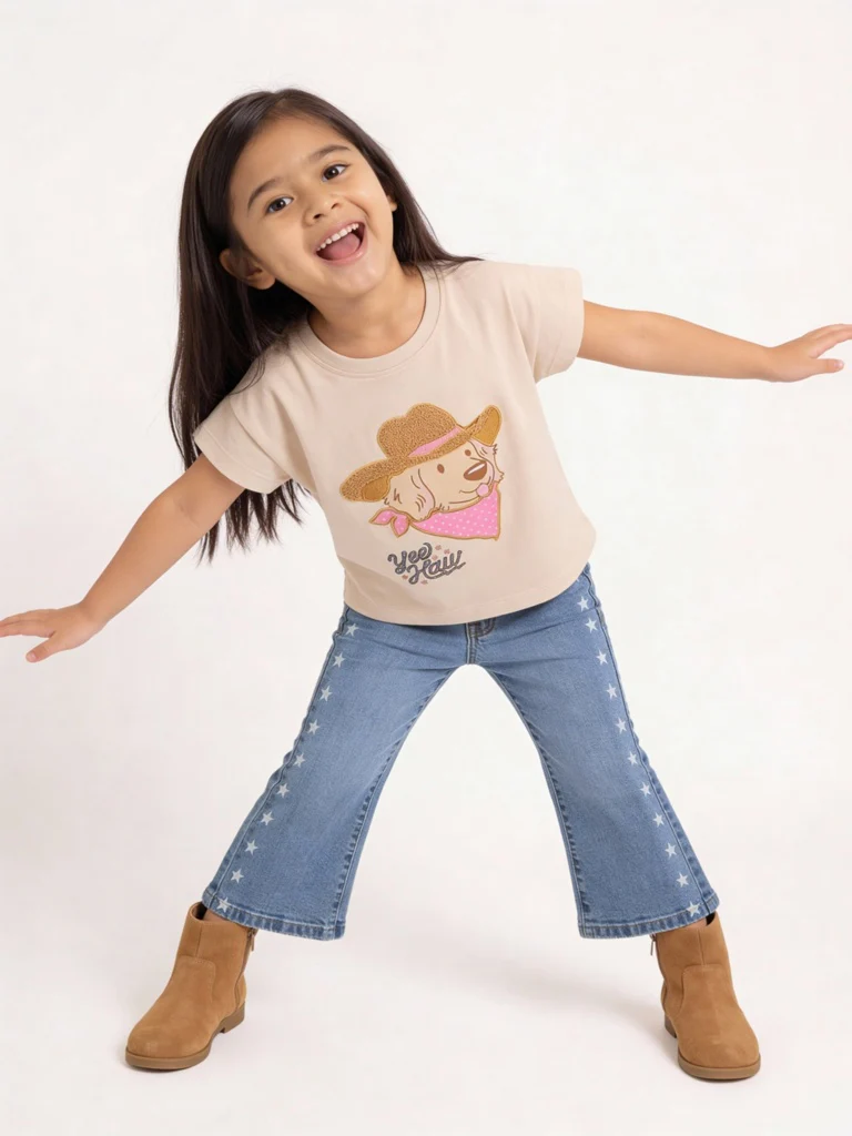HOP Kids Girls Beige Embroidered Cotton T-Shirt