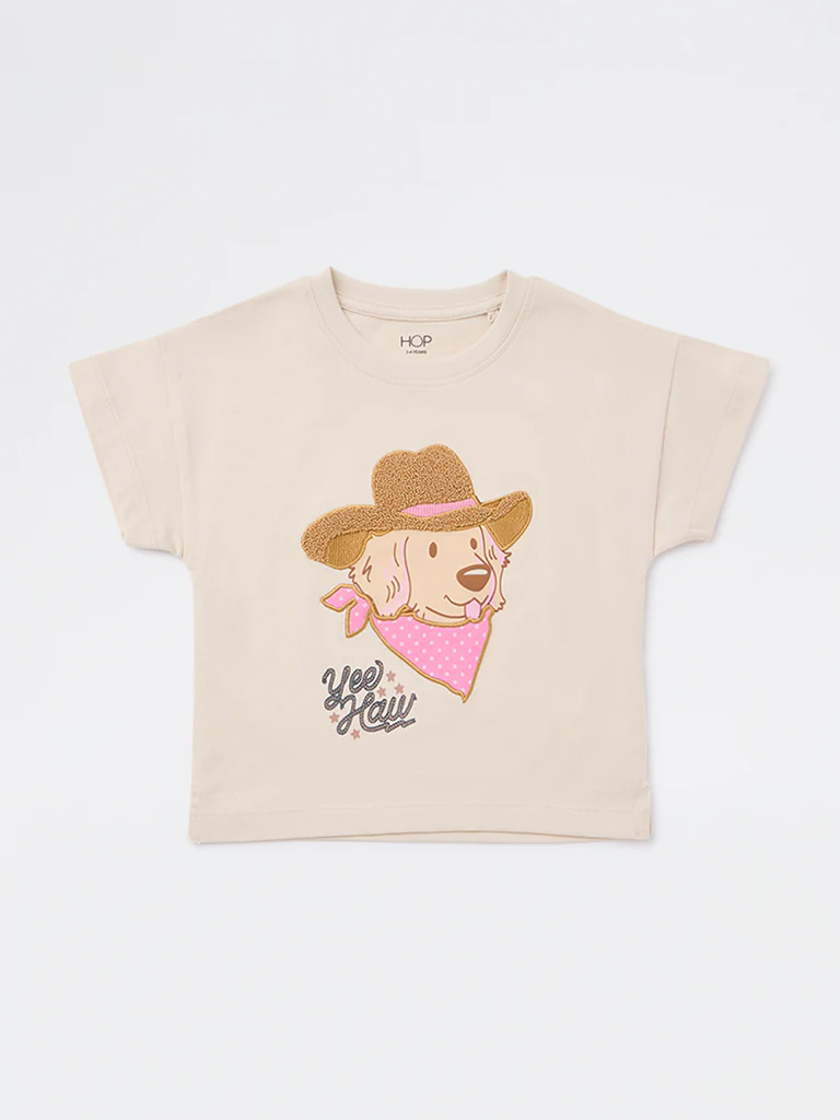 HOP Kids Girls Beige Embroidered Cotton T-Shirt - Image 4