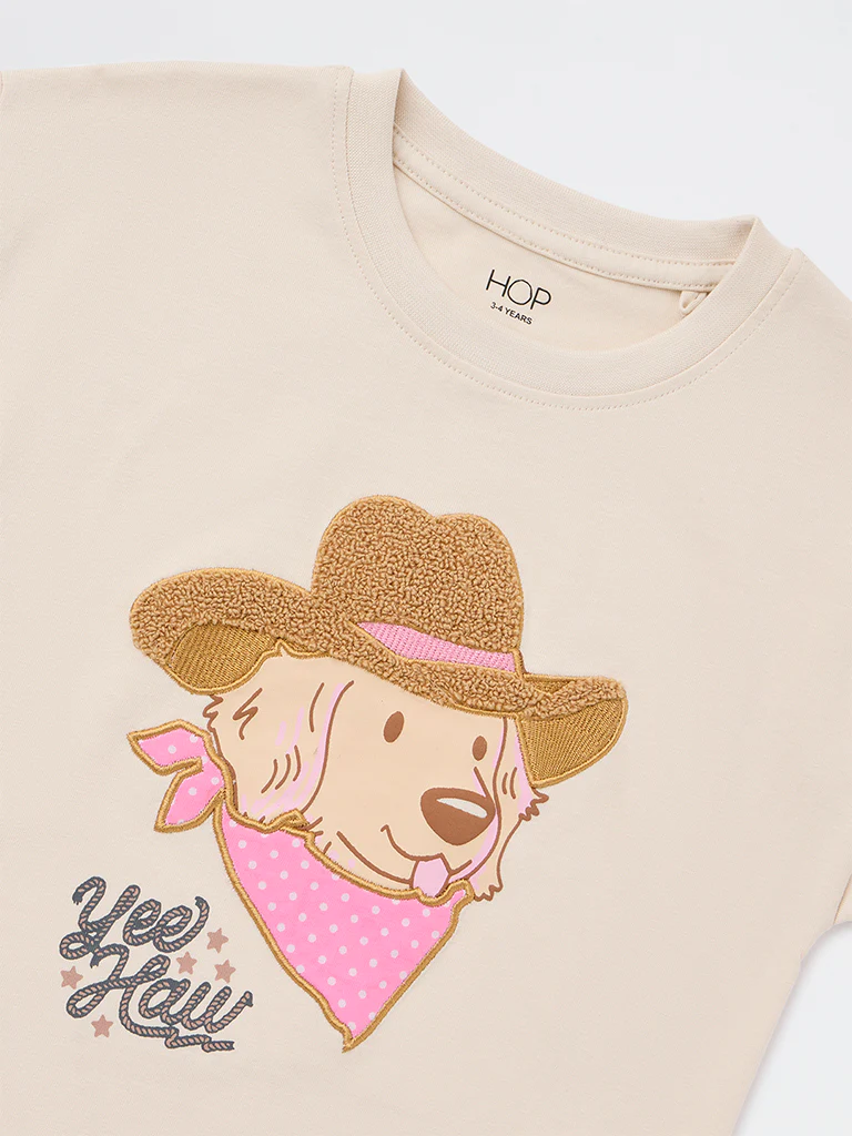 HOP Kids Girls Beige Embroidered Cotton T-Shirt - Image 6