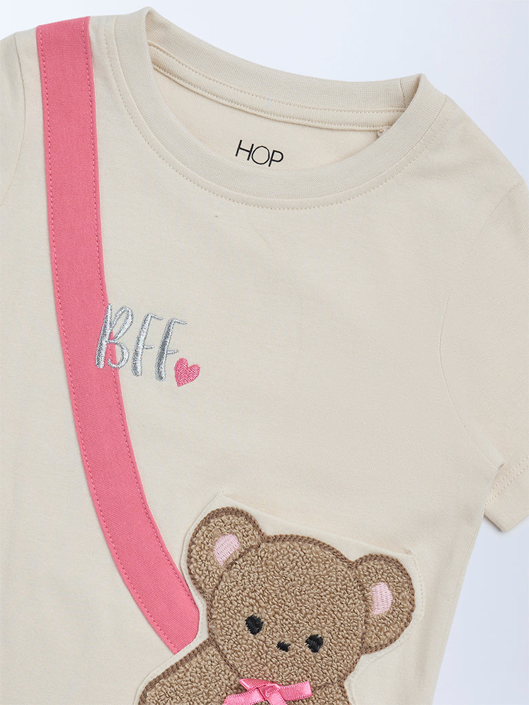 HOP Kids Girls Beige Embroidered Cotton T-Shirt - Image 5