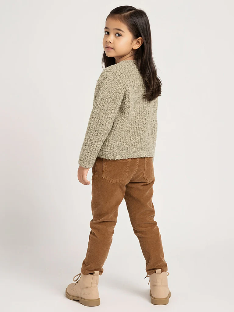 HOP Kids Girls Beige Floral Detailed Fleece Cardigan - Image 2