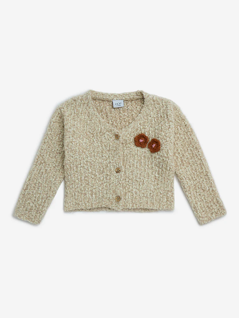 HOP Kids Girls Beige Floral Detailed Fleece Cardigan - Image 3