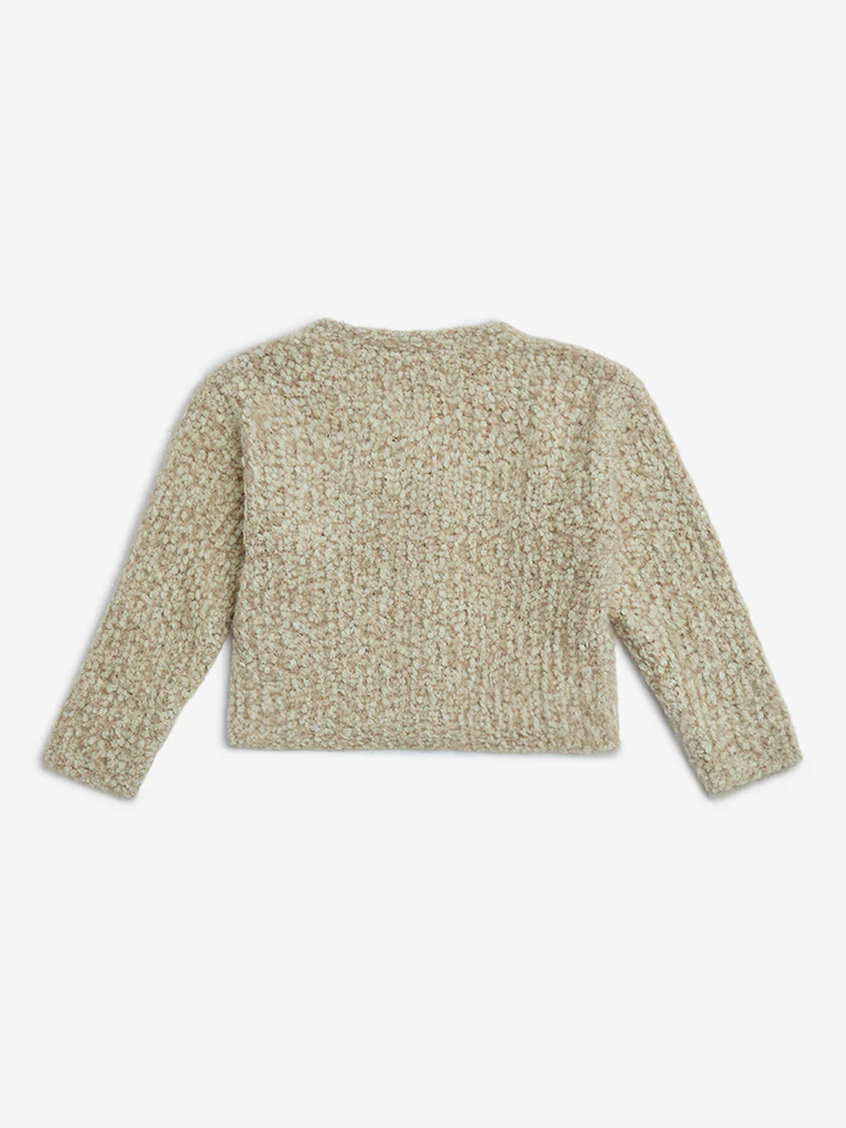 HOP Kids Girls Beige Floral Detailed Fleece Cardigan - Image 4