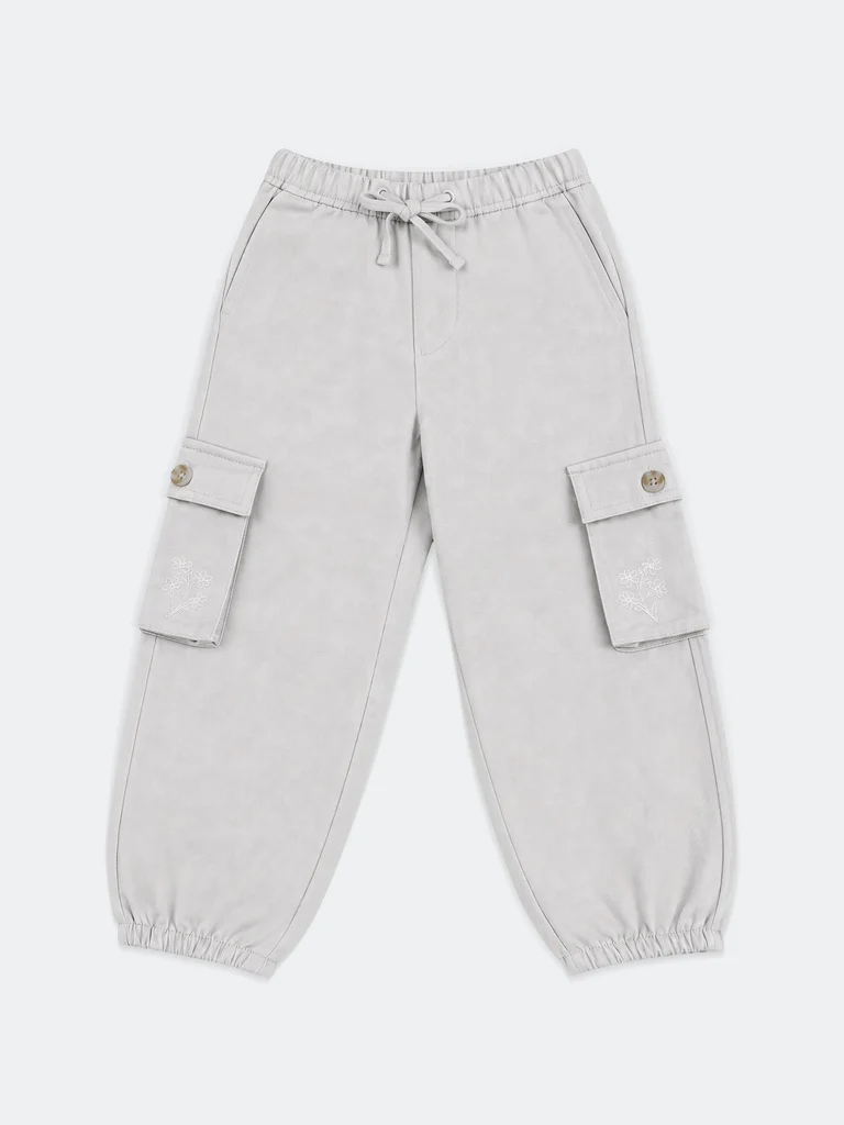 HOP Kids Girls Beige Floral Embroidered Cargo Trousers - Image 3