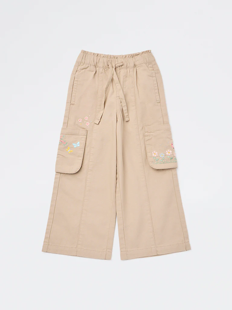 HOP Kids Girls Beige Floral Embroidered High-Rise Cotton Pants - Image 4