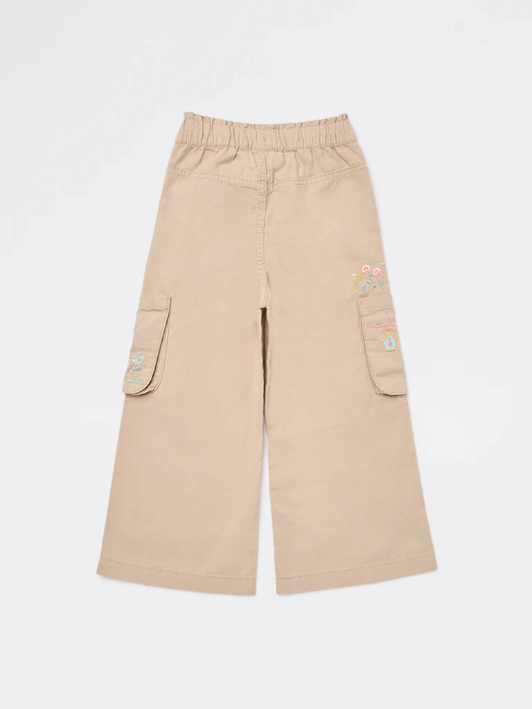 HOP Kids Girls Beige Floral Embroidered High-Rise Cotton Pants - Image 5