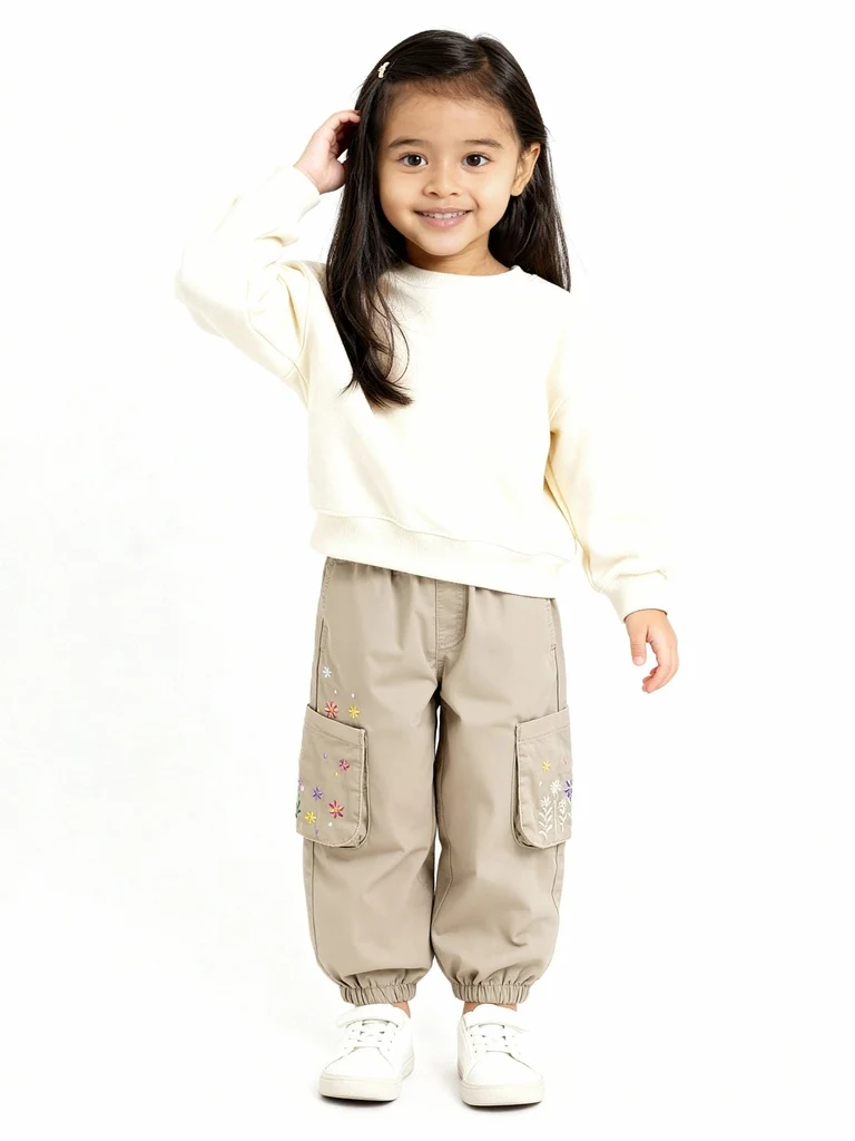 HOP Kids Girls Beige Floral Embroidered Mid-Rise Cotton Joggers