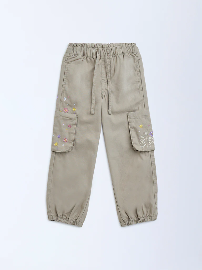 HOP Kids Girls Beige Floral Embroidered Mid-Rise Cotton Joggers - Image 3