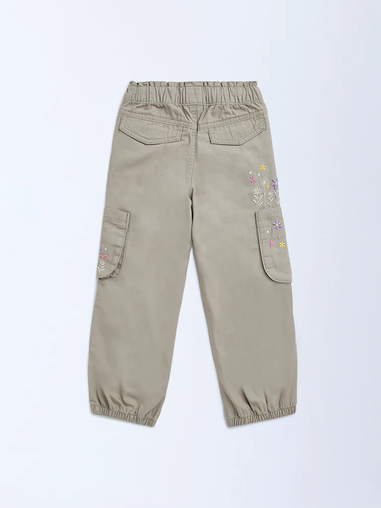HOP Kids Girls Beige Floral Embroidered Mid-Rise Cotton Joggers - Image 4
